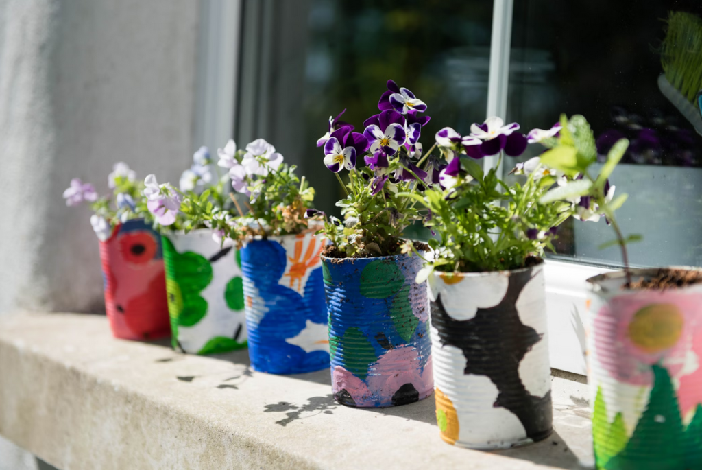 upcycled tin cans into planters