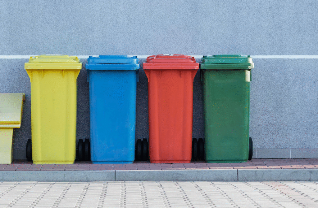 four coloured bins in a line separating waste streams and making simpler recycling possible